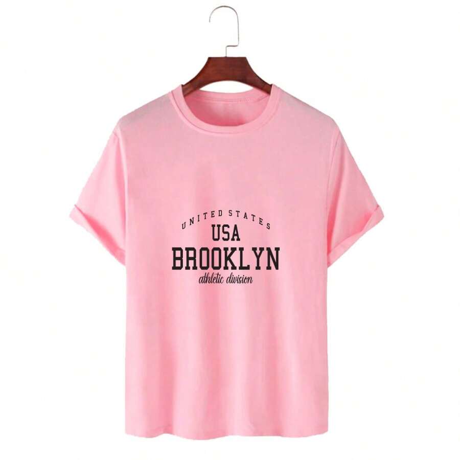 USA Brooklyn T-Shirt Women's Round Neck Printed Shirt Promotion - Màu Hồng baby - Xem 1