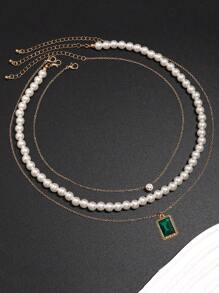 3pcs/Set Fashionable Cubic Zirconia & Faux Pearl Necklace Set For Men, Lightweight Luxury Everyday Wear Jewelry