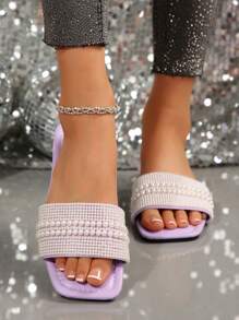 Plus Size Luxury Anti-Slip Square-Toe Rhinestone & Pearl Fashion Versatile Beach Holiday Purple Women Slides Sandals Valentines - Purple - View 4
