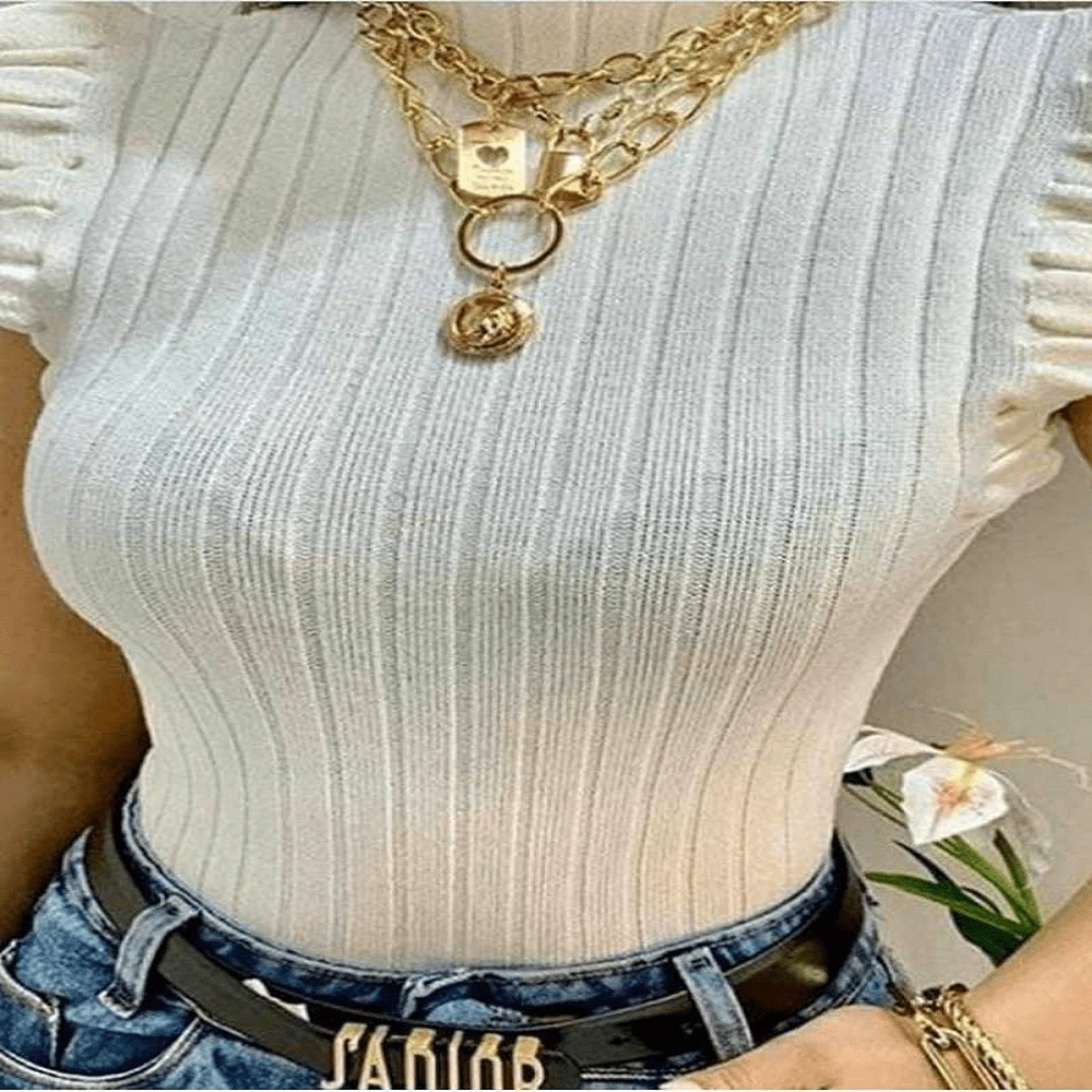 Blusa Babado Garrafinha Feminina/Tricot Modal Canelado/Babado/Gola Alta/Tricô/Moda Blogueira/ Frufru - Branco - Visão 1