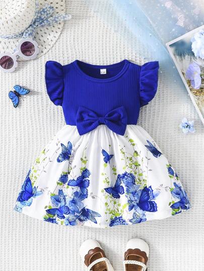 Baby Girl Summer Cap Sleeve Butterfly Print Bow Decor Waist Cute Dress