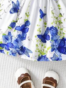 Baby Girl Summer Cap Sleeve Butterfly Print Bow Decor Waist Cute Dress - Blue - View 5