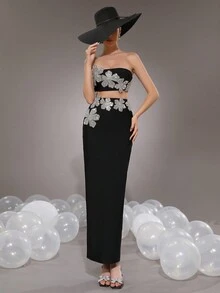 Modphy Conjunto de vestido de fiesta sexy de 2 piezas para mujer, top corto sin tirantes con decoración floral de rhinestones y falda