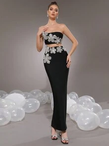 Modphy Conjunto de vestido de fiesta sexy de 2 piezas para mujer, top corto sin tirantes con decoración floral de rhinestones y falda