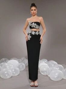 Modphy Conjunto de vestido de fiesta sexy de 2 piezas para mujer, top corto sin tirantes con decoración floral de rhinestones y falda