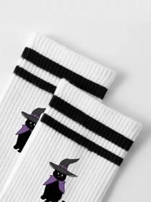 1 đôi tất cổ cao Unisex Halloween có thanh đôi, thiết kế hoạt hình dơi và mèo, tất thường ngày thấm hút mồ hôi chống mùi cho học sinh và cuộc sống hàng ngày - trắng - Xem 2