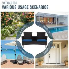 Sofá de 2 plazas para exterior de mimbre moderno, conjunto de conversación para patio con cojines y mesa de centro incorporada, muebles de porche - Negro/Azul pavo real - Ver 7
