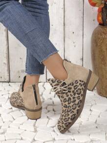 Women Fashion One-Push Lace-Up Decoration Leopard Print Pointed Toe Low Heel Shoes Back Zipper Versatile Comfortable Nude Chelsea Boots, Brown