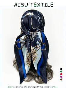 1入女士90cm正方形鏈條印花時尚絲巾，適合日常穿搭，方形絲巾、頭巾、頭巾上半身、波西米亞風頭巾，髮帶，頭帶，理想裝飾你的造型 - 藏蓝色 - 查看 12