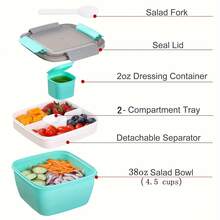1pc Salad Box, Portable Salad Lunch Container, 2 Compartments With Dressing Cup, Large Bento Boxes, Meal Prep To Go Containers For Food Fruit Snack Lunch Bag Lunch Box Lunchbox Lunch Bag Women For School For Teacher For Travel For Camping Cooler Bag For Picnic For Classroom Cool Bag Picnic Bag Office Accessories - Multicolor - View 2