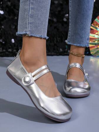 女士优雅纯色平底鞋，银色玛丽珍鞋，踝带，舒适浅口软底正装鞋