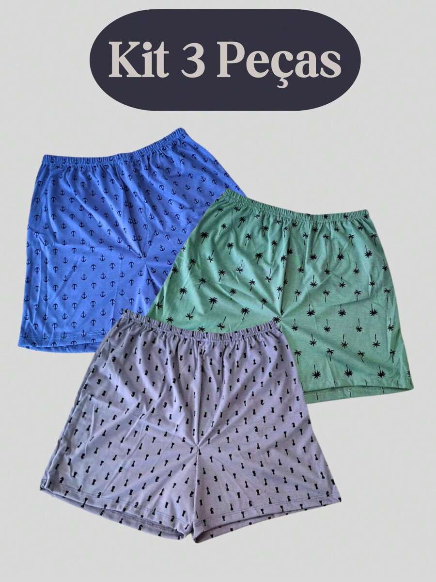 Kit With 3  Canção Shorts Men's Premium Mesh Printed Pajamas - Black - View 1