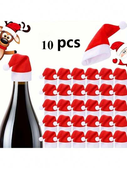 10 sztuk Mini Świąteczny Zestaw Czapek Świętego Mikołaja, Do Kapsli Butelkowych, Uchwytów Na Sztućce, Dekoracji Na Imprezę Bożonarodzeniową - Tkaninowe Czapki Świętego Mikołaja Na Święta, Boże Narodzenie I Nowy Rok - Akcesorium Dekoracyjne Bez Prądu Lub Baterii, Boże Narodzenie