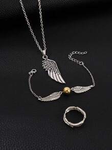 3 件/套復古鐵合金翼吊墜項鍊 & 串珠翼鍊 & 天使翼戒指,適合男士日常佩戴 - 銀色 - 查看 9