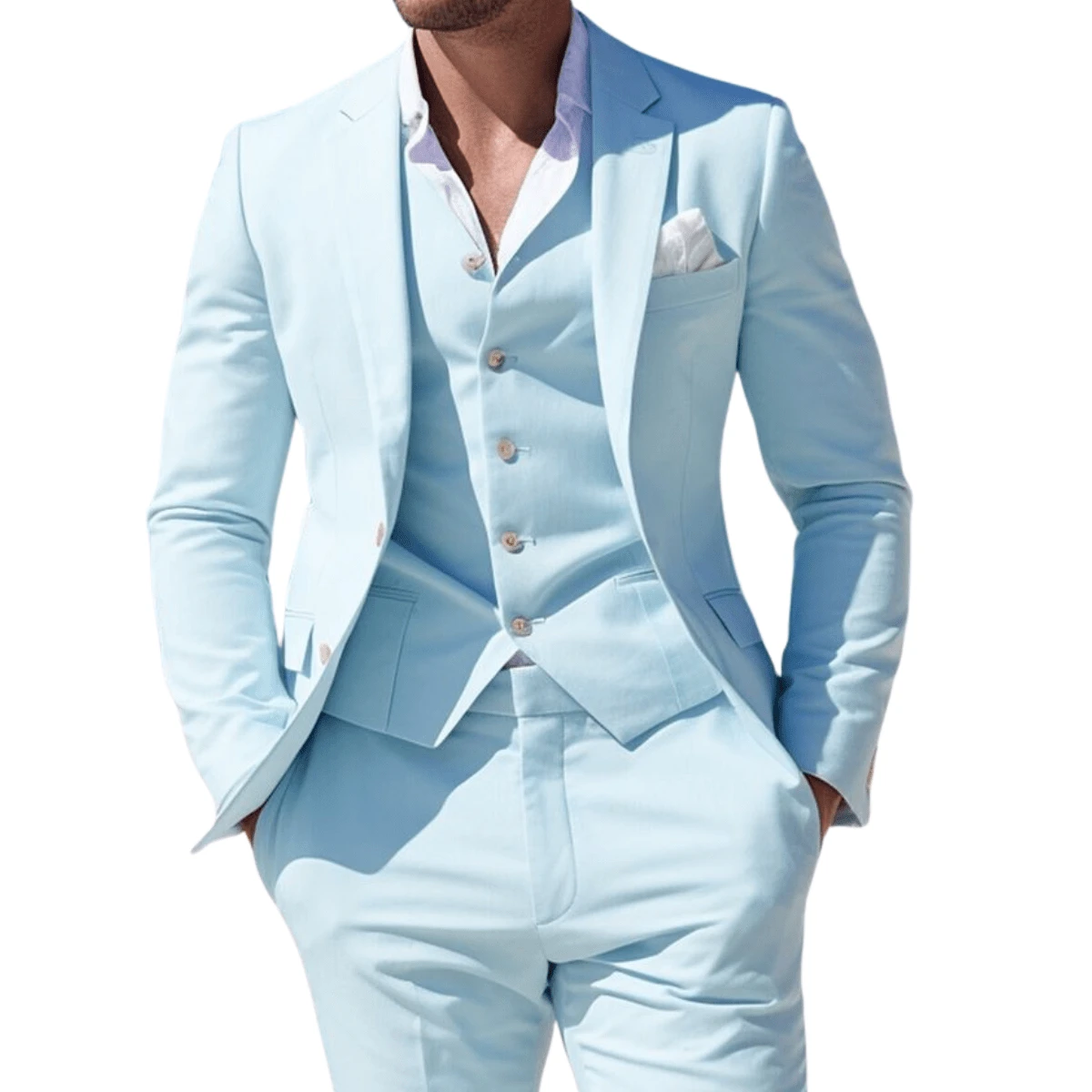Complete Executive Luxury Slim Suit (Pants + Blazer + Vest) - Baby Blue - View 1