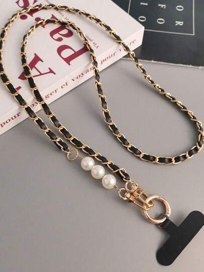 قلادة حزام لعبور الجسم مصنوعة من اللؤلؤ والجلد البولي يوريثين بسلسلة معدنية طويلة، إكسسوارات هاتف هدية للأم والعائلة والأصدقاء في المناسبات والأعياد