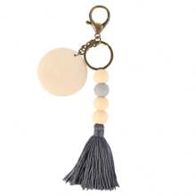 1 chiếc Thẻ gỗ tròn tùy chỉnh, Móc khóa tua rua & hạt phong cách Bắc Âu được cá nhân hóa, Mặt dây chuyền trang trí túi xách - Xám - Xem 2