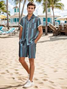 Conjunto De Playera Mangas Cortas Y Short Para Hombre Camiseta & de cintura con cordón Shorts - Azul - Ver 1