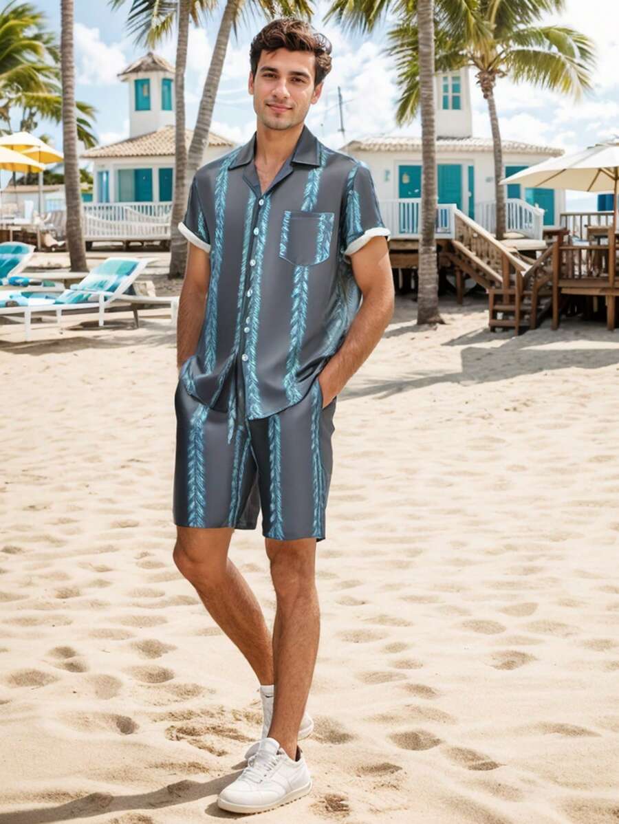 Conjunto De Playera Mangas Cortas Y Short Para Hombre Camiseta & de cintura con cordón Shorts - Azul - Ver 1