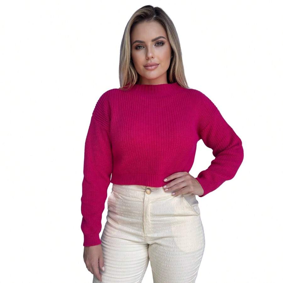 Long Sleeve Drop Shoulder Knit Crop Top - 玫紅色 - 查看 1