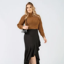 Long Sleeve Drop Shoulder Knit Crop Top - 玫紅色 - 查看 2