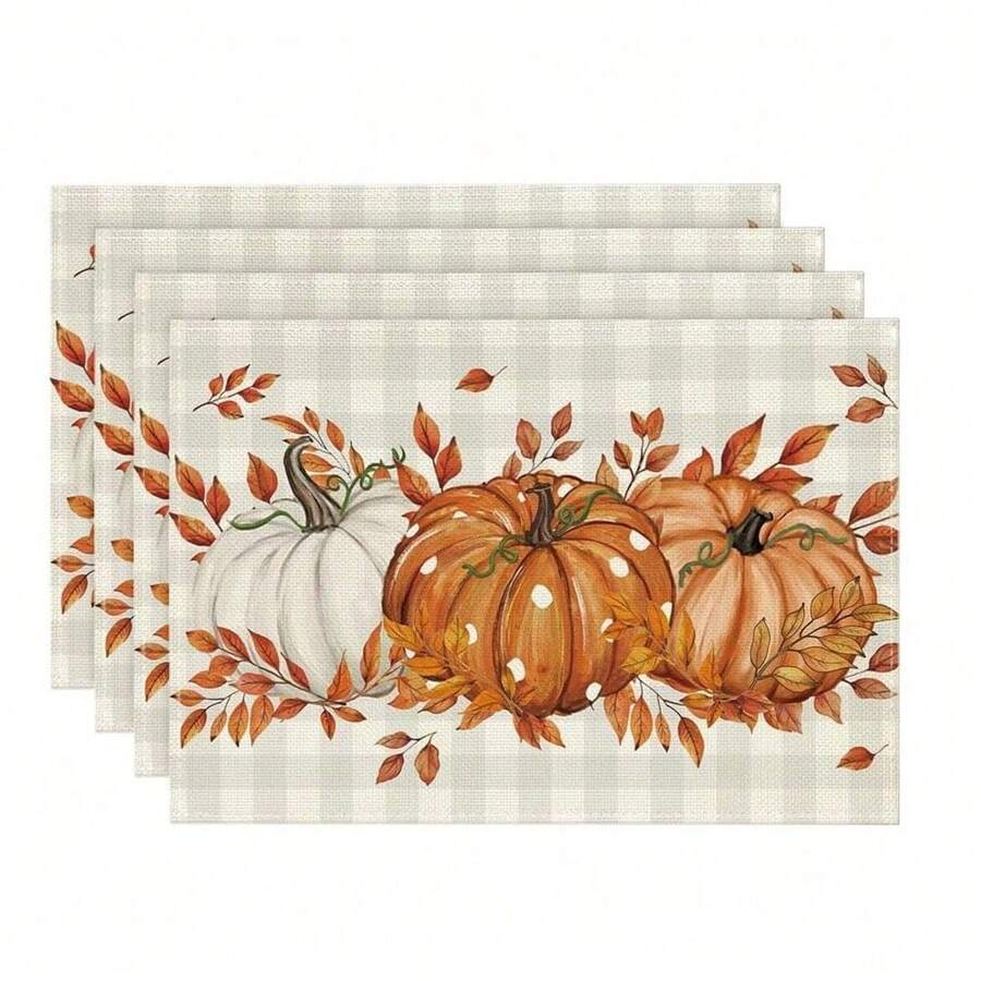 Bộ 4 miếng lót đĩa in họa tiết kẻ caro, chấm bi và lá bí ngô, kích thước 13x19 inch, thích hợp để trải bàn, trang trí bàn bếp và tiệc trong nhà, mùa thu - Nhiều màu - Xem 1