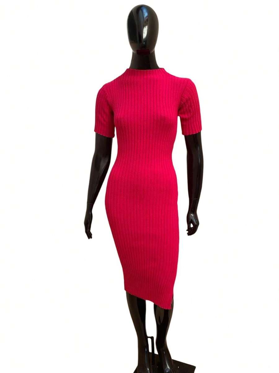 Ribbed Dress Short Sleeve Side Slit Modal Evangelical Fashion Knit Tricot - 玫瑰紅 - 查看 1