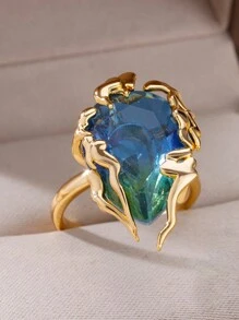 1 Peça Anel de Gota de Chama de Zircônia Azul Exagerada para Halloween para Mulheres, Anel Ajustável em Aço Inoxidável de Gota de Água, Joia Feminina Presente de Festa