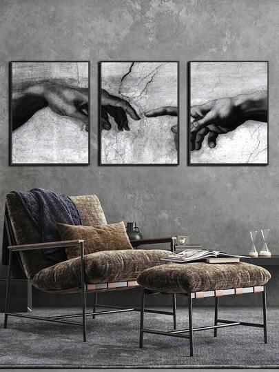 3pcs Vintage Black & White "The Hand Of God" Art Poster Canvas Prints, Ideal Gift For Bedroom, Living Room, Dining Room, Study, Bathroom, Hallway, Cafe, Dorm, Wall Art, Home Decor, Unframed Gifts Birthday Graduation