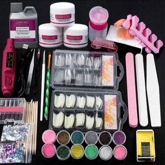 LIMEGIRL Professionelles Acryl-Nagel-Set, Acryl-Pulver Monomer, Acryl-Flüssigkeit für Nagelextension, Gel-Maniküre-Set Nagelfeile Maschine Nagelfeile Kit Nagel Glitzer Kunstnägel Kunst Werkzeug-Set mit allem, was Sie für perfekte French Tips benötigen!