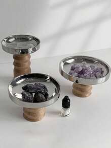 1PC Scandinavian Ins Style Stainless Steel Round Solid Wood Base Tray Living Room Aromatherapy Desktop Organizer Storage Tray Jewelry Tray Christmas Gift - Multicolor - View 3