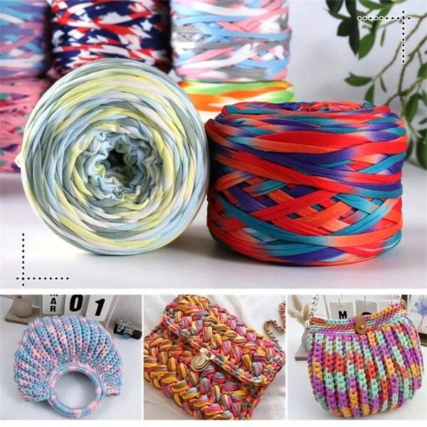 Hilo de camiseta teñido segmentado, 300G/Set, 109,36Yd, colores mixtos, poliéster, hilo para correa para manualidades DIY - ideal para mantas, cojines, muñecas, almohadas, suministros de tejido y ganchillo