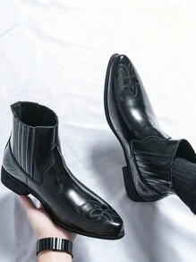 Western Cowboy Embroidered & Burned Pattern Chelsea Boots For Men, Business Casual - Black - View 1
