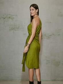 Massaclê - Women's Midi Dress One Shoulder Tie With Short Slit - Màu xanh chanh - Xem 2