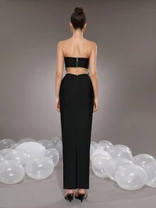 Modphy Conjunto de vestido de fiesta sexy de 2 piezas para mujer, top corto sin tirantes con decoración floral de rhinestones y falda