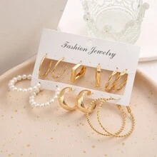 6 peças/conjunto de brincos de argola de metal com pérola falsa, simples e elegantes em forma de C, para mulheres, cor dourada
