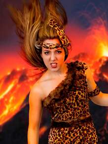 I LOVE FANCY DRESS Ladies Cavegirl Costume Cave Dweller Caveman Fancy Dress Pre-Historic Outfit Tarzan Leopard Print Tunic With Headband And Inflatable Club - Brown - View 2