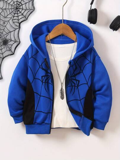 Young Boys Fashion Hooded Zip-Up Sweatshirt Jacket With Spider Print, Casual Color Block Design, 2024 Autumn