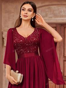 MIUSOL Vestido de fiesta formal de tul con encaje floral y aplicación de lentejuelas en escote profundo en V, vestido de noche elegante de manga larga para graduación, cena, nochevieja