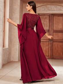 MIUSOL Vestido de fiesta formal de tul con encaje floral y aplicación de lentejuelas en escote profundo en V, vestido de noche elegante de manga larga para graduación, cena, nochevieja
