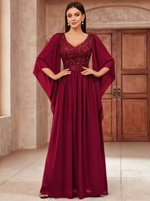 MIUSOL Vestido de fiesta formal de tul con encaje floral y aplicación de lentejuelas en escote profundo en V, vestido de noche elegante de manga larga para graduación, cena, nochevieja