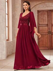 MIUSOL Vestido de fiesta formal de tul con encaje floral y aplicación de lentejuelas en escote profundo en V, vestido de noche elegante de manga larga para graduación, cena, nochevieja