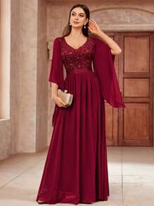 MIUSOL Vestido de fiesta formal de tul con encaje floral y aplicación de lentejuelas en escote profundo en V, vestido de noche elegante de manga larga para graduación, cena, nochevieja