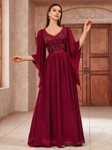 MIUSOL Vestido de fiesta formal de tul con encaje floral y aplicación de lentejuelas en escote profundo en V, vestido de noche elegante de manga larga para graduación, cena, nochevieja