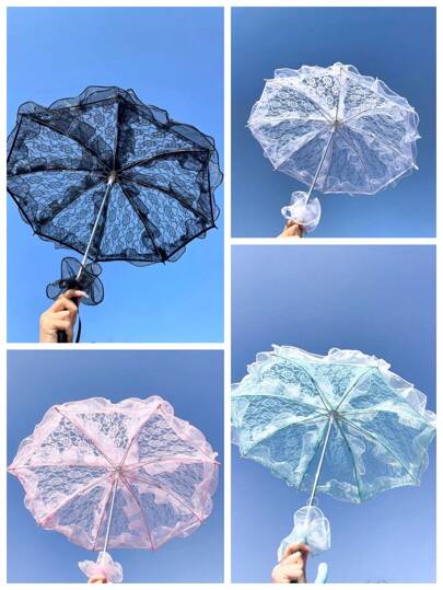 1pc Women Cute Sweet Lolita Lace Trim Straight Handle Parasol, Suitable For Wedding, Anime, Cosplay