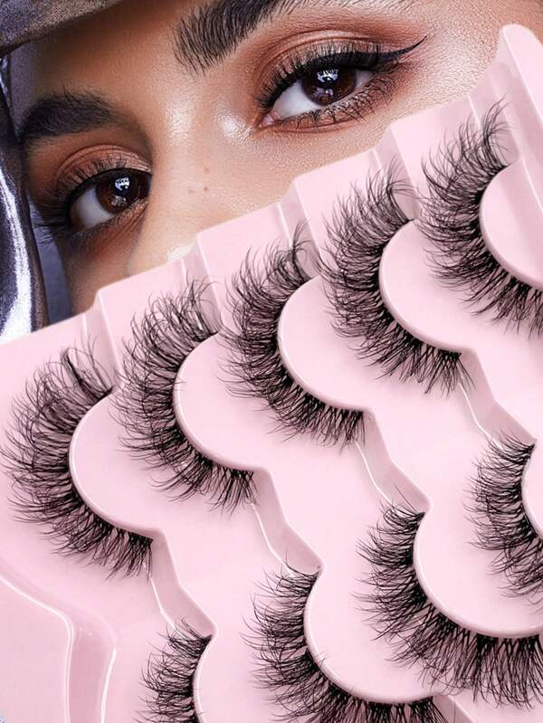ENCHUW 5 Pairs Lashes With Clear Band Lashes Natural Look Wispy Silky Lashes Fake Eyelashes For Daily Wear