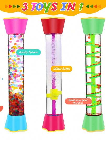 Zestaw zabawek uspokajających z tubą sensoryczną – z butelkami Flash, minutnikami do robienia baniek mydlanych Liquid Motion, wirującym grawitacyjnie wirującym elementem, spiralną tubą z pianki Drop – promuje spokojną i samodzielną zabawę – szczelny, szczelny, bez przecieków, upominki na imprezę (3 sztuki), artykuły szkolne, powrót do szkoły