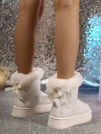 2025女士雪地靴冬季新款保暖毛绒内衬软底一脚蹬蝴蝶结装饰厚底靴，毛绒靴，圣诞装扮