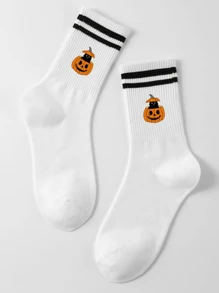 1 Cặp tất dài đến bắp chân họa tiết đầu bí ngô đôi Unisex, hình dơi, đầu bí ngô, dễ thương, hoạt hình, thấm hút mồ hôi, mặc thường ngày, thích hợp cho học sinh đi học, mặc hàng ngày, Halloween - Nhiều màu - Xem 4