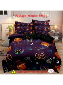 طقم لحاف 3 قطع طباعة رقمية ثلاثية الأبعاد بنمط اليقطين 90جم/م2، طقم أغطية سرير ناعم ودافئ لغرفة النوم/غرفة الضيوف (غلاف لحاف 1 قطعة + غطاء وسادة 2 قطعة، بدون حشو)